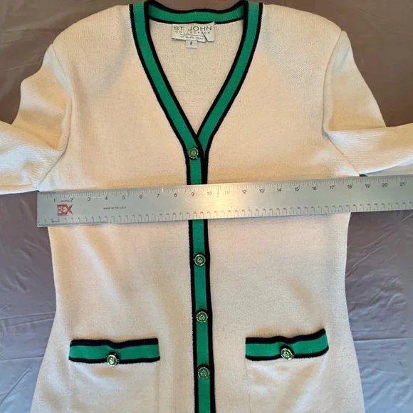 St John Vintage Cream/Navy/Green/Golf Button Sweater/Jacket Size 6/S MSRP $1295 - Picture 8 of 12